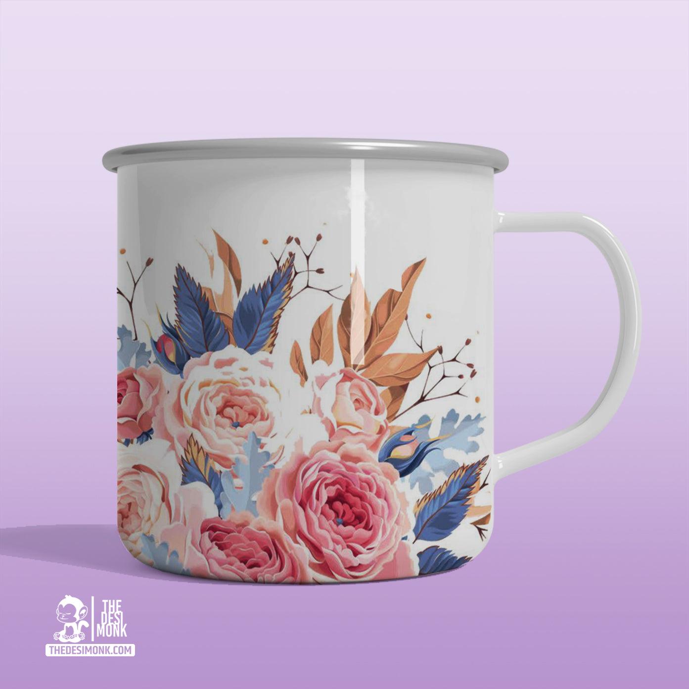 Flower Printed Travel Friendly Unbreakable Enamel Mug 330ml| EM-02 - The Desi Monk